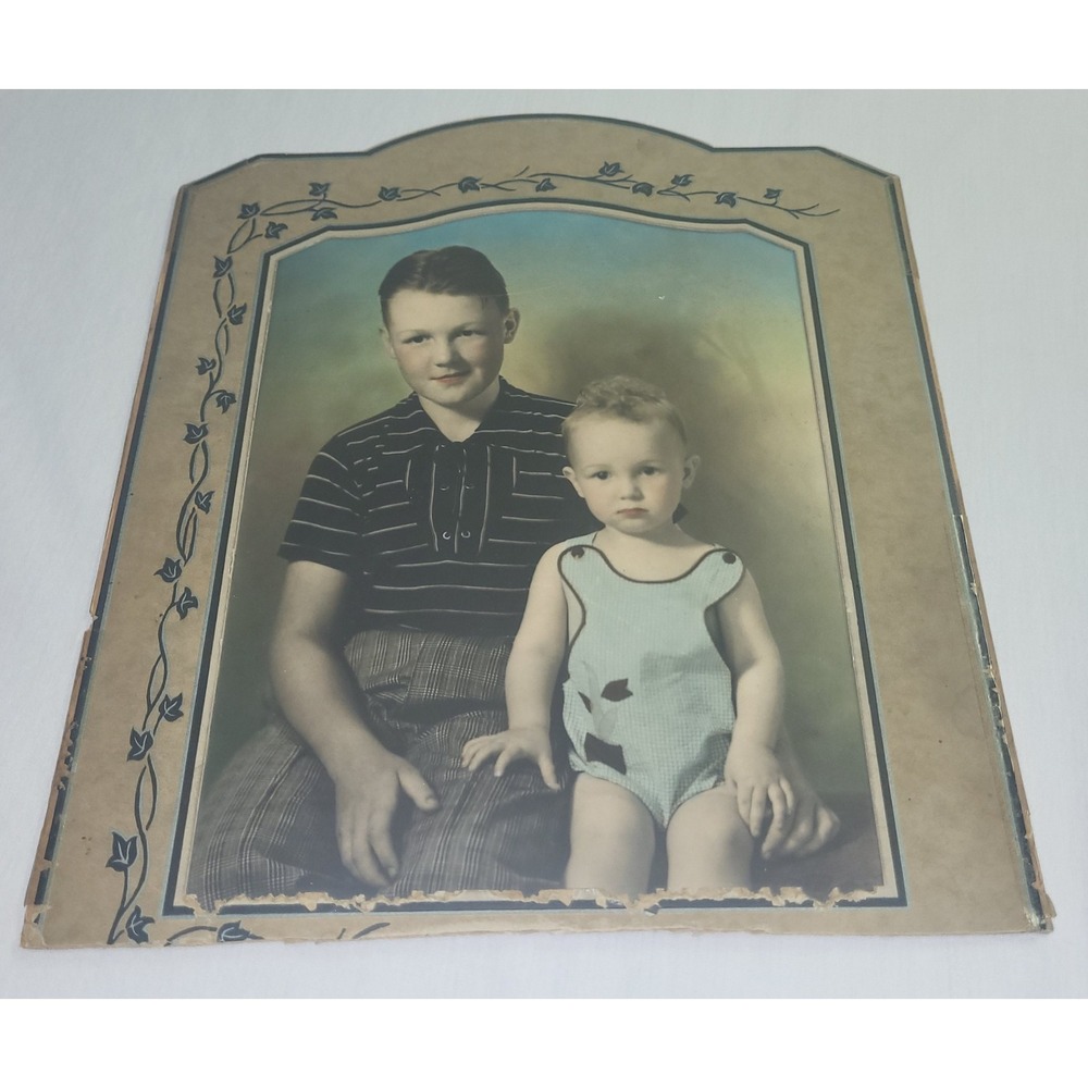 Vintage Photograph Hand Colored Tinted Portrait Two Boys Cardboard Frame